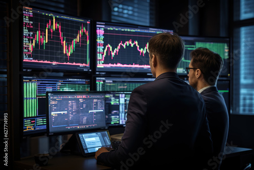 Finance guys trading stocks, crypo or forex in a business office on monitors with financial charts and analyze finance markets. Chart research. Charts screening. Analyzing data graphs. Generative AI