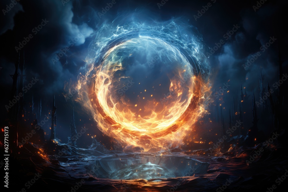 big circle with blue flames burning. sparks on a dark background