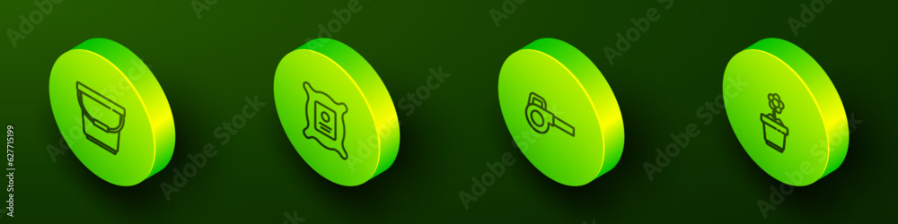 Set Isometric line Bucket, Pack full of seeds of plant, Leaf garden blower and Flower in pot icon. Vector Set Isometric line Bucket, Pack full of seeds of plant, Leaf garden blower and Flower in pot icon. Vector
