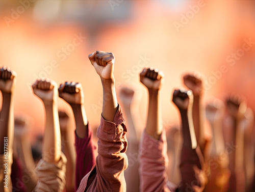 Isolated on a light background, symbol of love and diversity - people's hands raised with clenched fists. Human rights, feminism, equality. Generative AI.