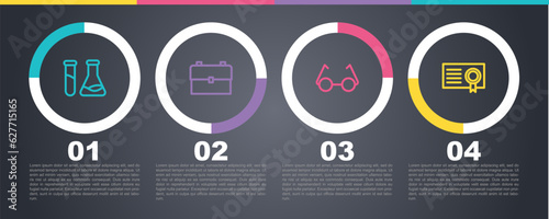 Set line Test tube and flask, School backpack, Glasses and Certificate template. Business infographic template. Vector