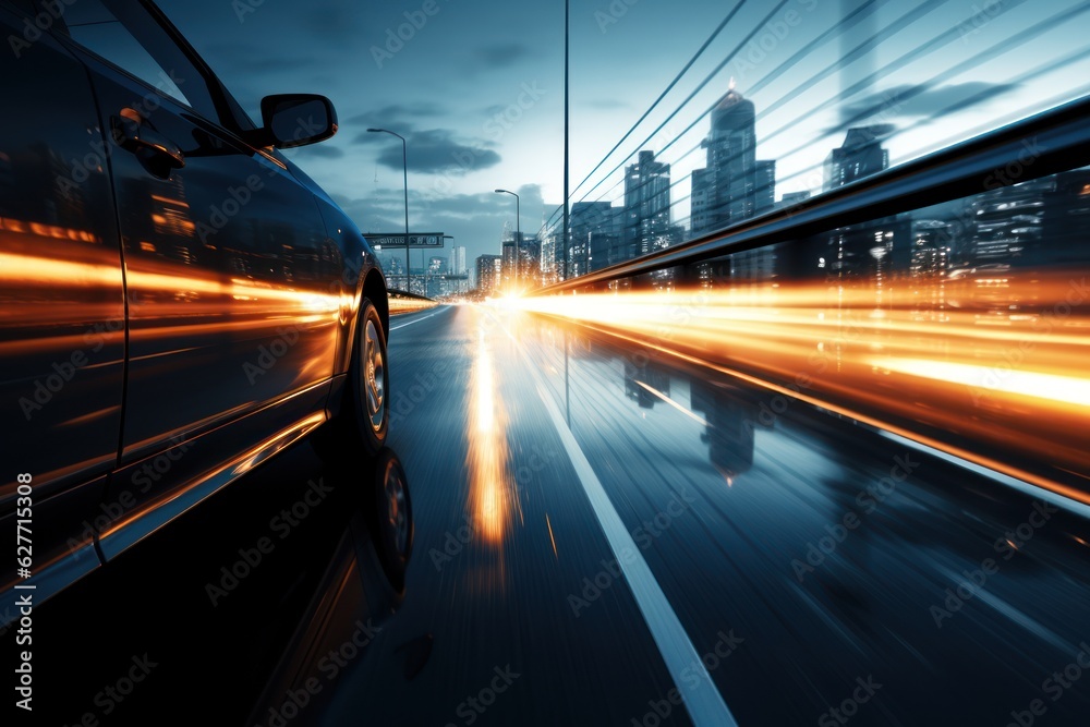 car on the road with motion blur background, blue toned image ,Generative AI