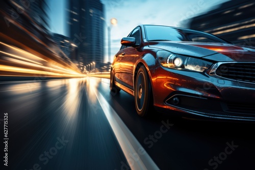 car on the road with motion blur background, blue toned image, Generative AI