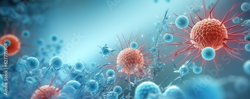 Molecular structure of cancer cells under microscope, realistic macro body panorama.