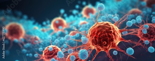 Molecular structure of cancer cells under microscope, realistic macro body panorama.