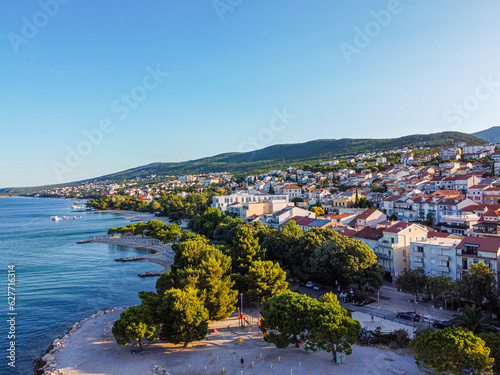 drone view of the coastal town of Crikvenica in Croatia. Holiday by the sea in Europe