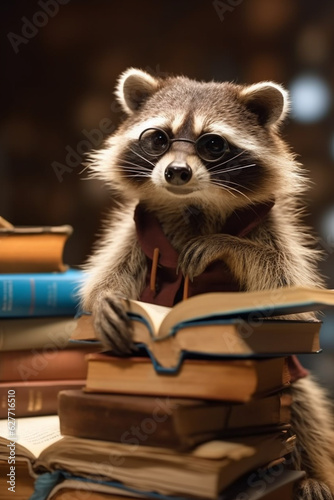 Curious Raccoon Learning Amidst a Towering Stack of Books - AI generated