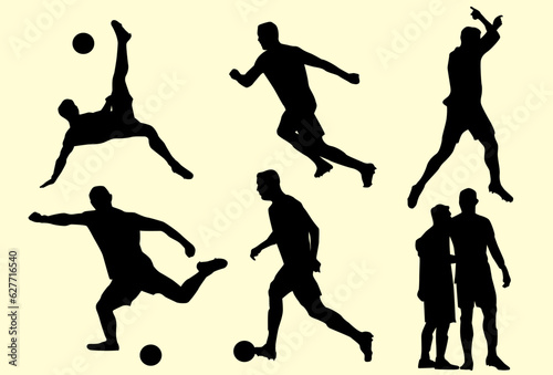editable vector illustration of soccer player silhouettes as a set, isolated light yellow. suitable for use as a sports player poster element.