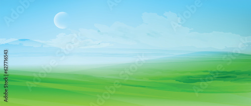 Green meadows landscape. Vector banner with watercolor texture. Nature background. Minimal backdrop with olace for text. 