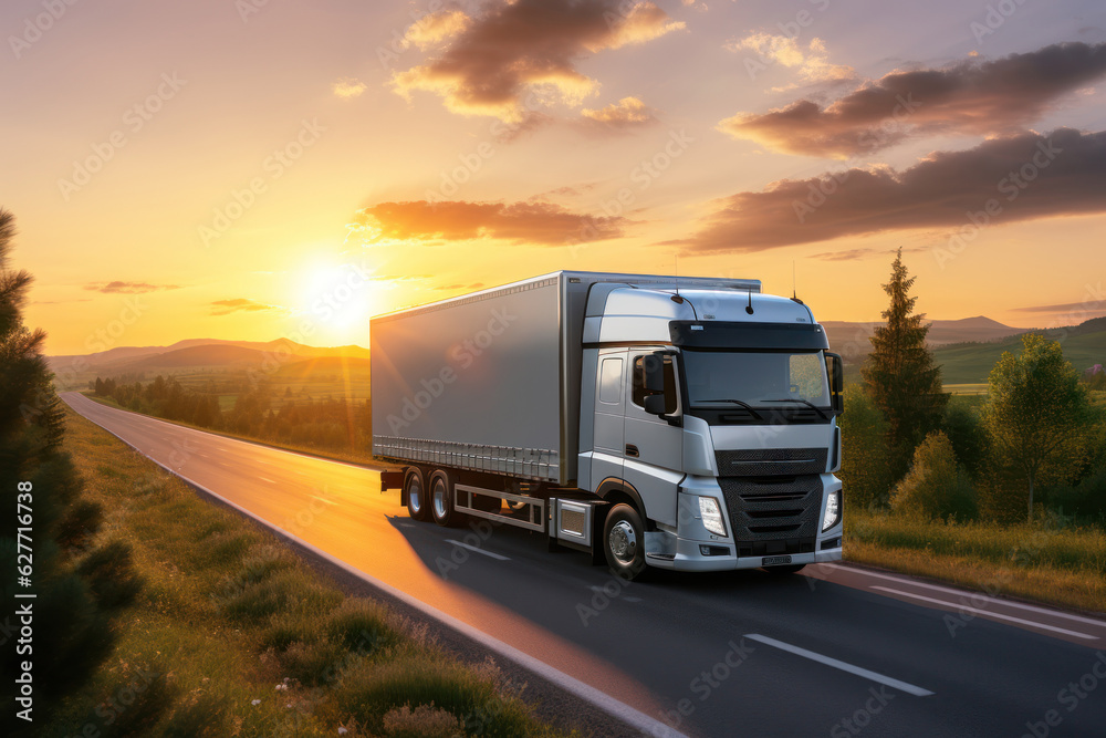 Truck on the road at sunset. Cargo transportation, Generative AI