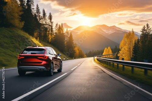 SUV Car on the road in the mountains at sunset, Generative AI photo