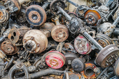 Used auto mechanic spare parts in bulk, close up of auto parts, accumulation of mechanic parts