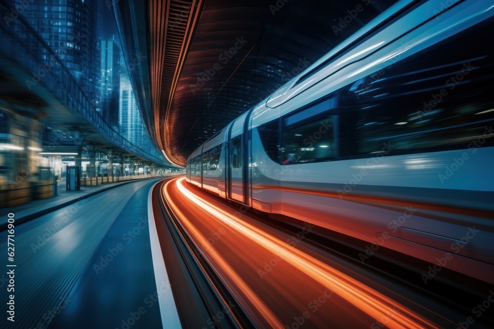 High-speed train in motion blur. Concept of speed and motion, Generative AI High-speed train in motion blur. Concept of speed and motion, Generative AI