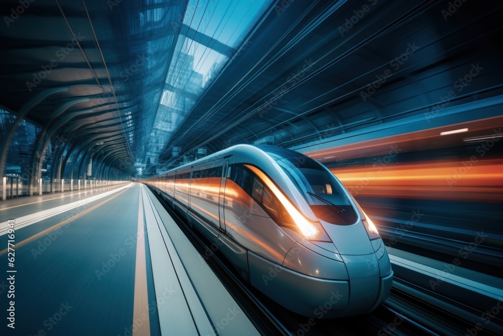 High-speed train in motion blur. Concept of speed and motion, Generative AI High-speed train in motion blur. Concept of speed and motion, Generative AI