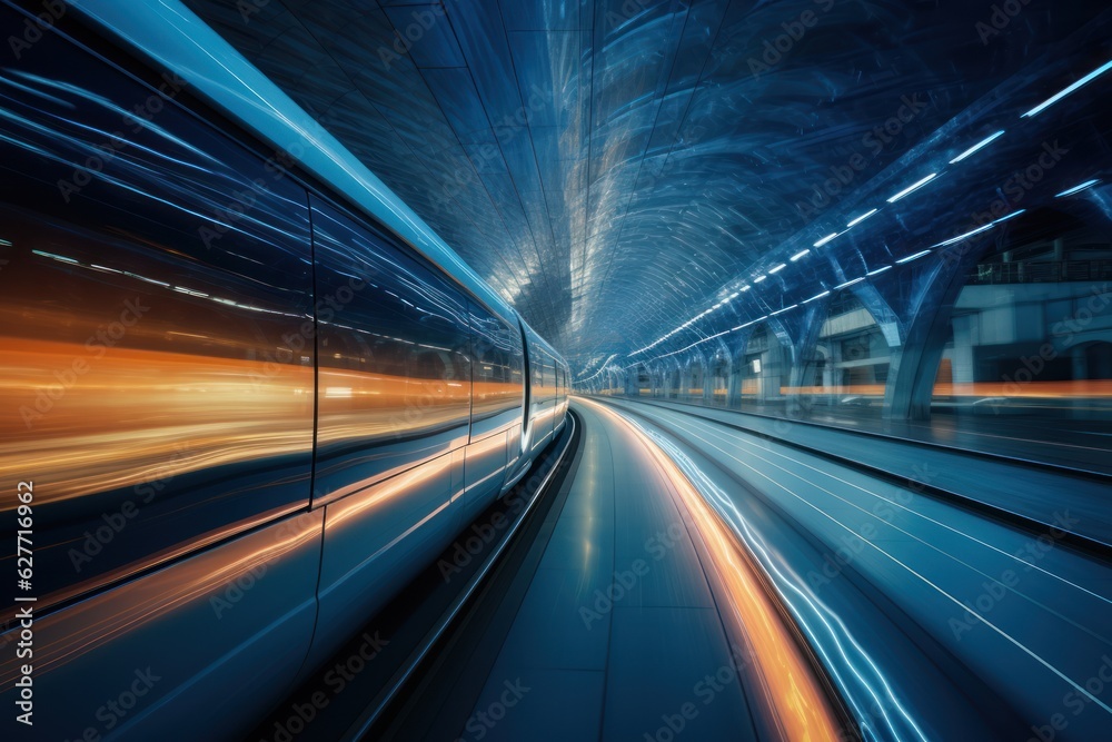 High-speed train in motion blur. Concept of speed and motion, Generative AI High-speed train in motion blur. Concept of speed and motion, Generative AI