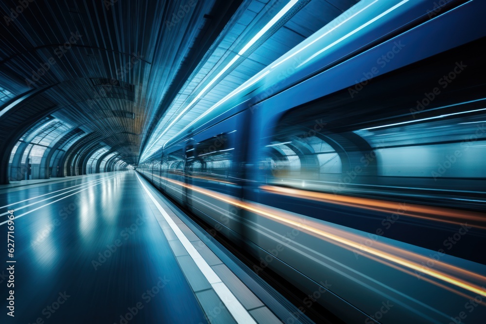 High-speed train in motion blur. Concept of speed and motion, Generative AI High-speed train in motion blur. Concept of speed and motion, Generative AI