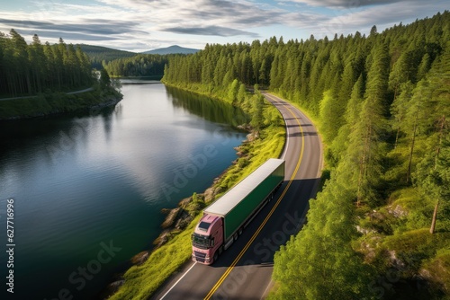 Truck on the road at sunset. Cargo transportation, Generative AI