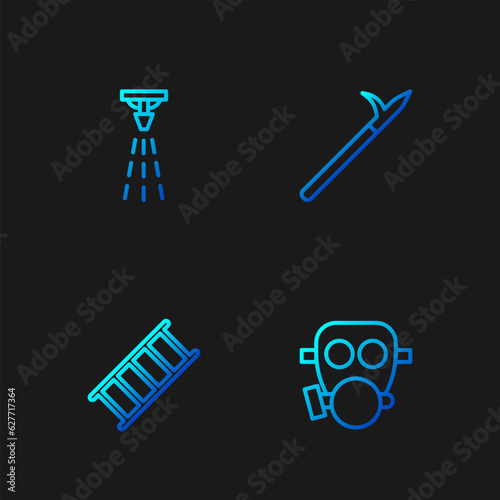 Set line Gas mask, Fire escape, sprinkler and Metal pike pole. Gradient color icons. Vector