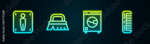 Set line Male toilet, Brush for cleaning, Washer and Hairbrush. Glowing neon icon. Vector