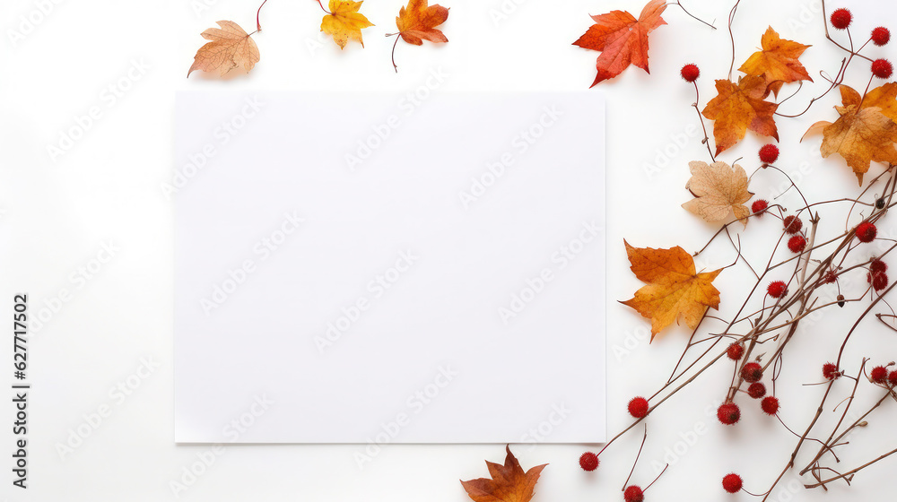 Fototapeta premium Autumn Serenity: Minimalist Paper Amidst Colorful Leaves. Generative AI