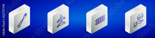 Set Isometric line Fork, Hanger wardrobe, Heating radiator and Digital door lock icon. Vector