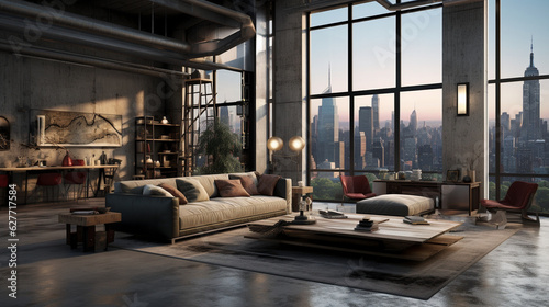 A modern industrial loft with concrete floors, metal accents, and oversized windows framing a striking cityscape. Generative AI