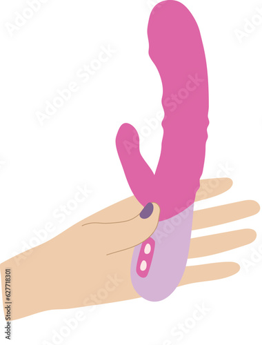 Adult sex toy vibrator rabbit, hand holding pink dildo, flat illustration for products for women
