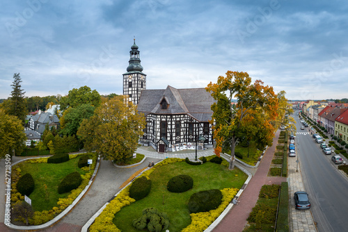 Kościół św. Andrzeja Boboli w Miliczu jesienią, z lotu ptaka. photo