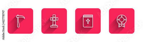 Set line Scythe, Grave with cross, Holy bible book and Memorial wreath with long shadow. Red square button. Vector