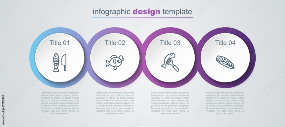 Set line Fish with sliced pieces, Tropical fish, Served on plate and steak. Business infographic template. Vector