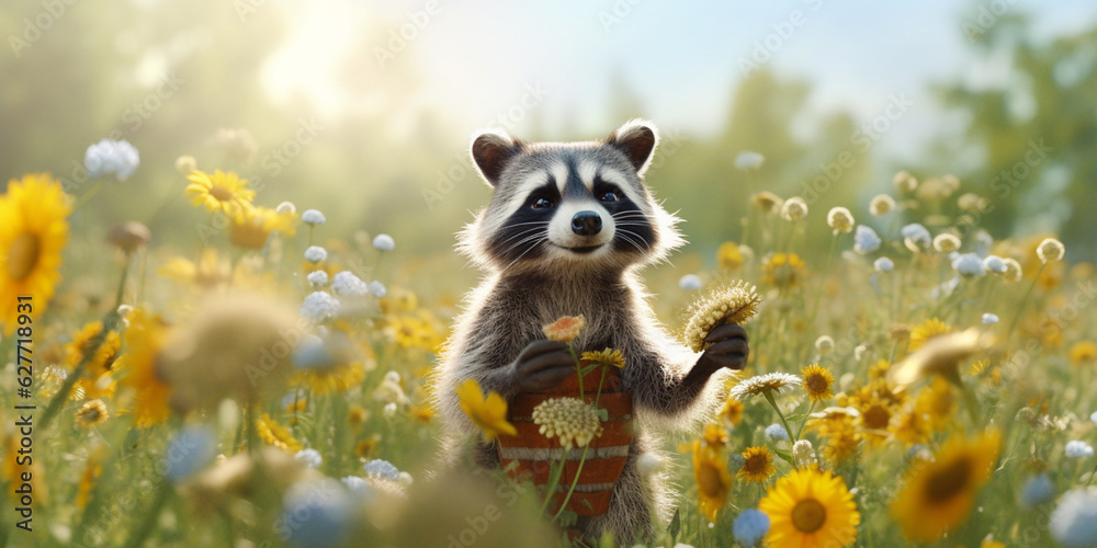 Fototapeta premium Adorable Raccoon Frolicking on a Blossoming Meadow Among Colorful Flowers - AI generated
