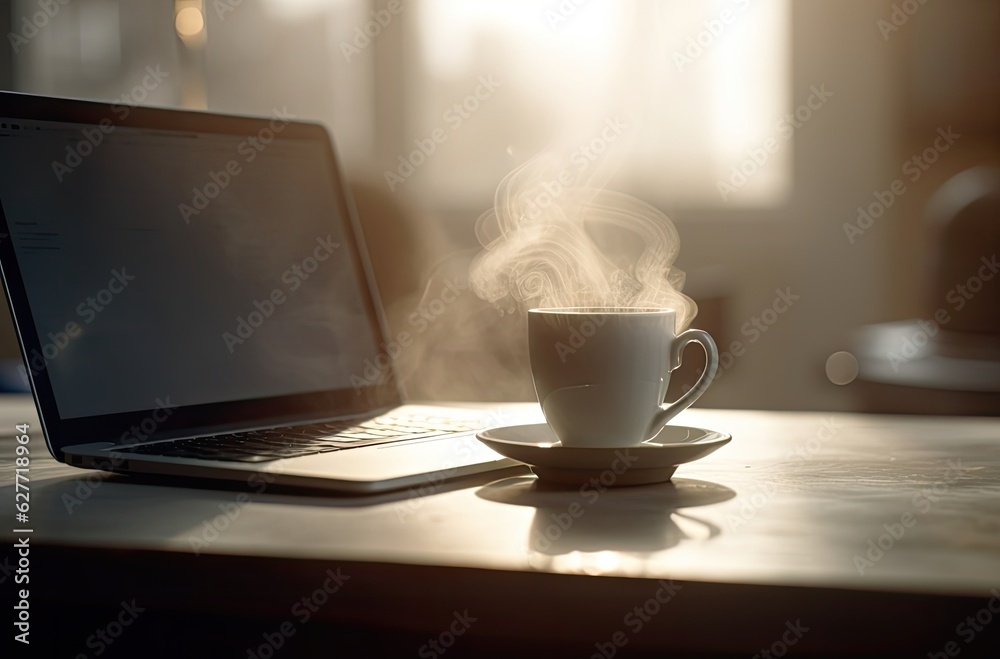 A laptop and a cup of coffee on a table