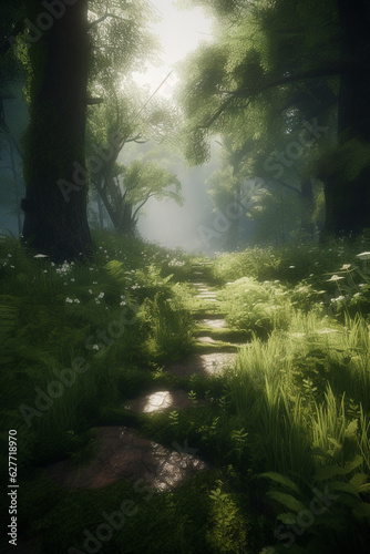 Scenic green forest view generative AI