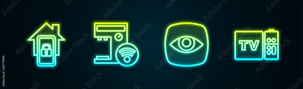Set line Mobile with smart home, Smart coffee machine, Security camera and Multimedia and TV box receiver. Glowing neon icon. Vector Set line Mobile with smart home, Smart coffee machine, Security camera and Multimedia and TV box receiver. Glowing neon icon. Vector