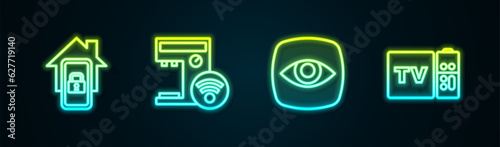 Set line Mobile with smart home, Smart coffee machine, Security camera and Multimedia and TV box receiver. Glowing neon icon. Vector