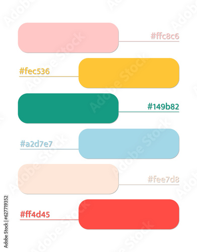 Pink, blue, green color palette, vibrant neon catalog, color matching, RGB, CMYK, Pantone colors, harmonious colors palette sample, design and edit idea, with hex code