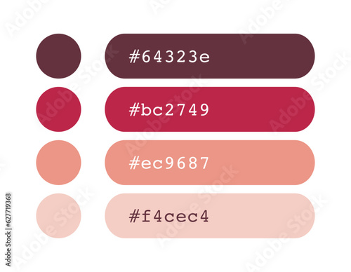 Magenta pink color palette, vibrant colors catalog, color matching, RGB, CMYK, Pantone colors, harmonious colors palette sample, design and edit idea, with hex code