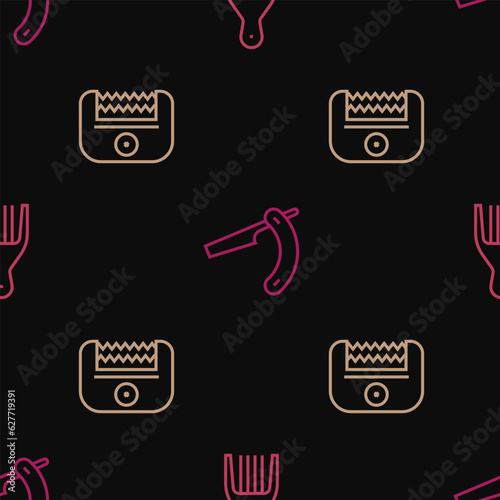 Set line Barrette, Electrical hair clipper and Straight razor on seamless pattern. Vector