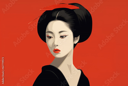 Simple illustration of a japanese women in bold color  copy space  expression  purpose  geisha