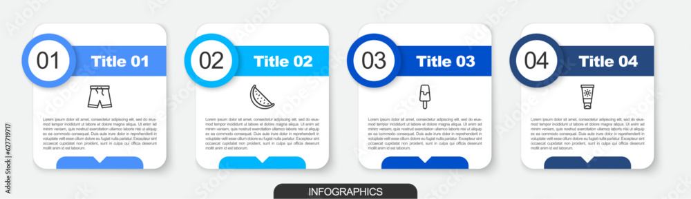 Set line Swimming trunks, Watermelon, Ice cream and Sunscreen tube. Business infographic template. Vector Set line Swimming trunks, Watermelon, Ice cream and Sunscreen tube. Business infographic template. Vector