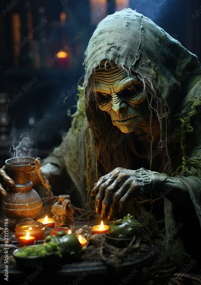 Enchanting Alchemy: Bewitching Witch Boiling a Magical Potion in Her Cauldron.  No real person. Generative Ai