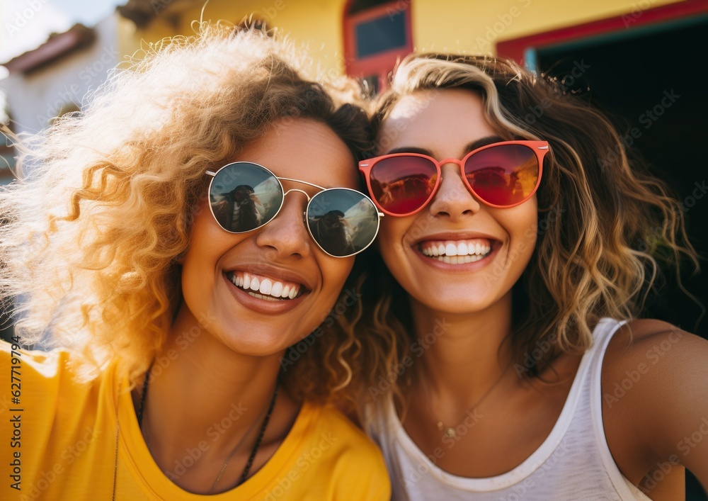 Radiant Joy: Two Young Women Capturing Happiness in a Selfie Moment. No real person. Generative Ai