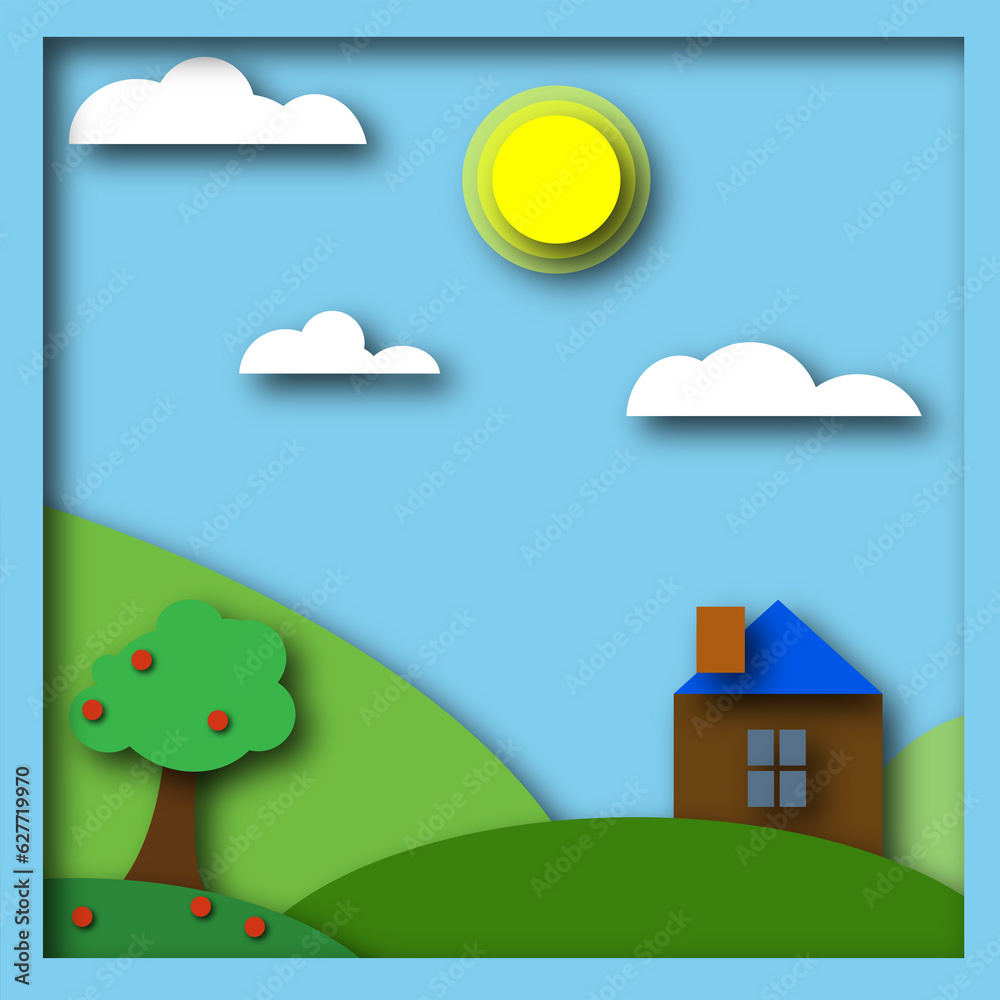 illustration effect of cut paper landscape with a house and an apple tree