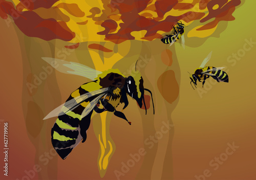 some worker bees are collecting honey in their hive
