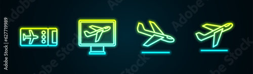 Set line Airline ticket, Plane, landing and takeoff. Glowing neon icon. Vector