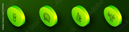Set Isometric line Glass of beer, Wooden barrel, Beer bottle and glass and tap icon. Vector