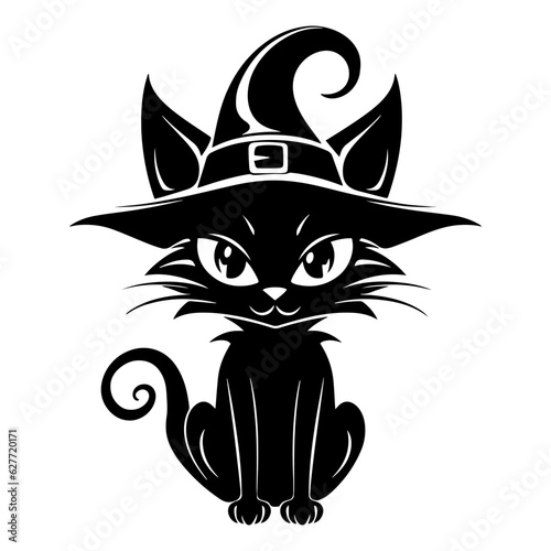 Halloween cat in witchy hat black silhouette. Retro vector illustration. Black outline pet themed art.