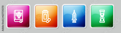 Set line Psychology book, Psi, Sedative pills, Addiction to the drug and Old hourglass. Colorful square button. Vector
