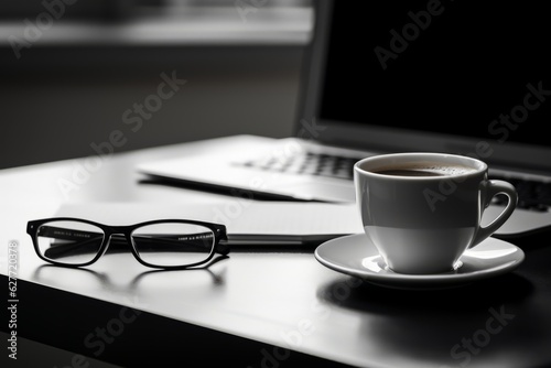 Close up laptop computer eyeglasses glasses with cup of tea coffee latte standing on table office desk workplace cafeteria cafe freelance work place working job break business deal studying drink