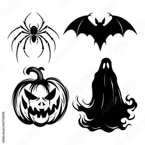 Halloween clipart. Spider, bat, reepy Jack O Lantern pumpkin and ghost black silhouette. Vector illustrations for Halloween decor.